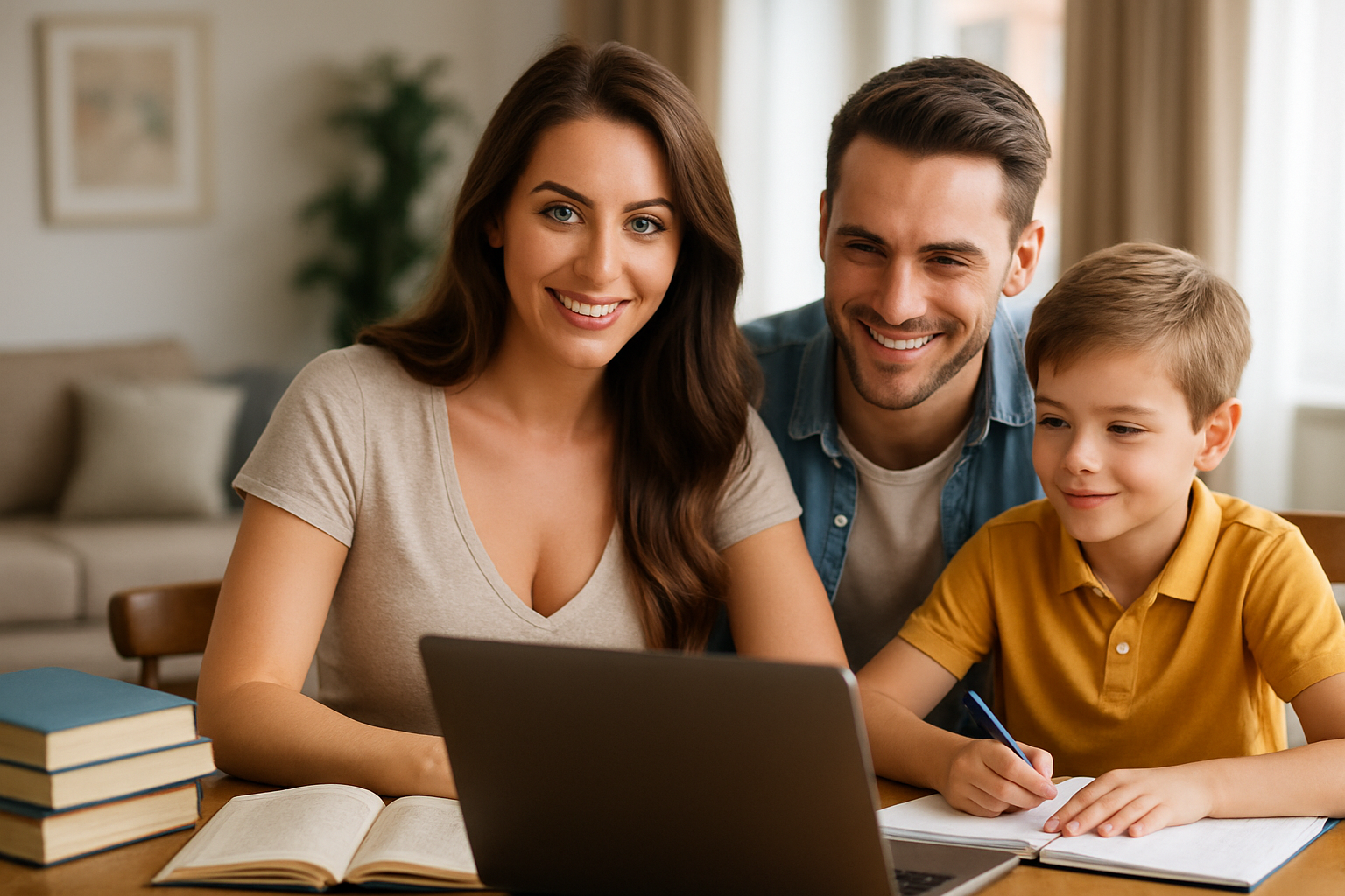 Parent and child learning at home with books and tablet
