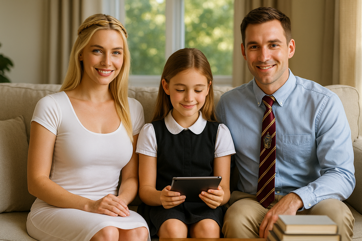 Parent and child learning at home with books and tablet