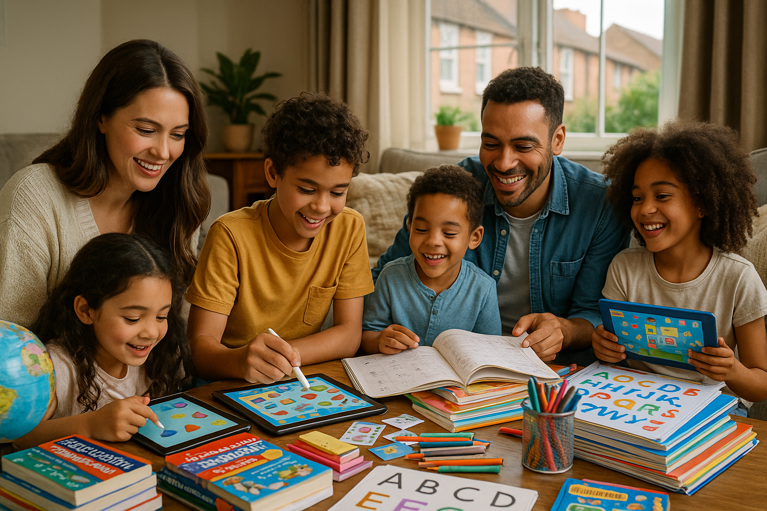 British mixed family homeschooling with four kids, piles of books, textbooks, tablets and resources, smiling and engaged