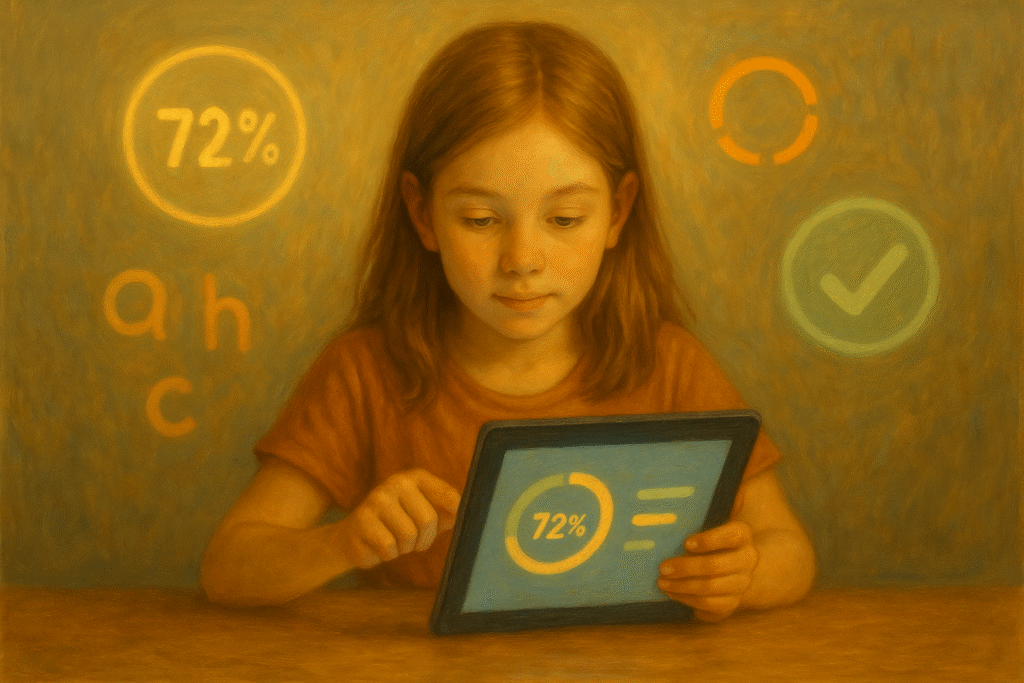 Child using a tablet with glowing progress rings and checkmarks