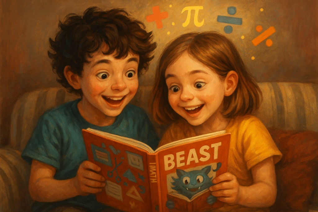 Two kids reading a math comic with whimsical symbols