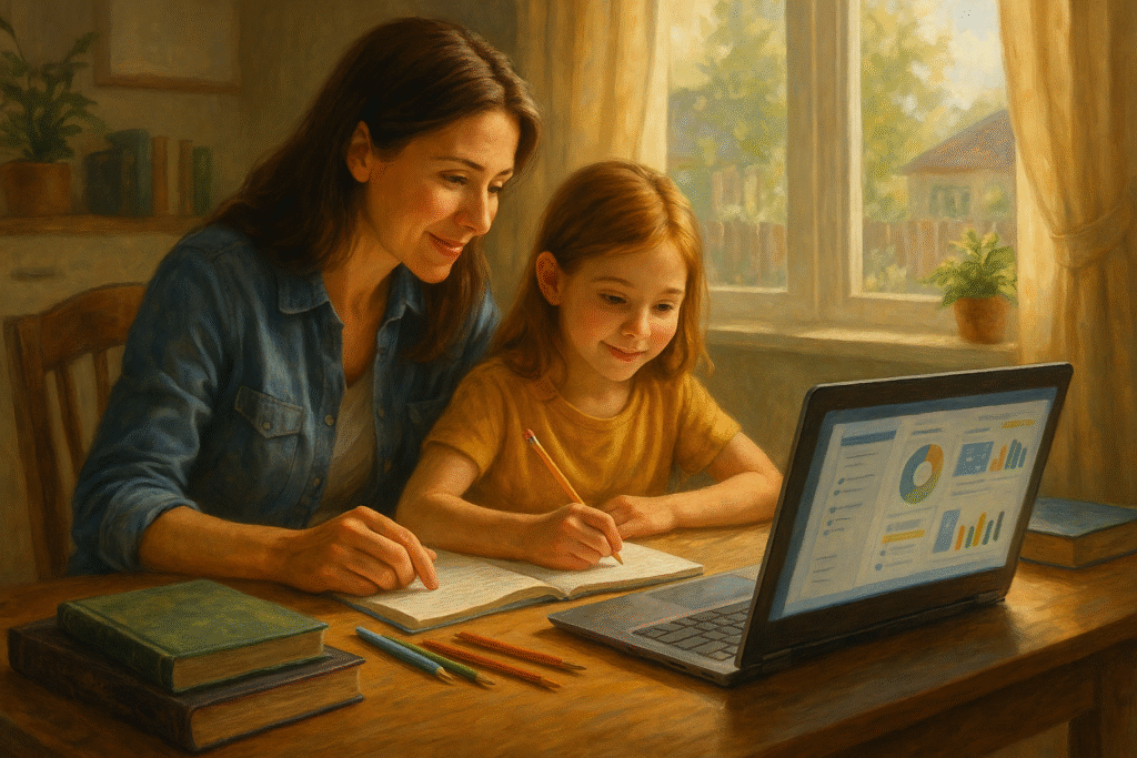 Parent and child at a sunlit kitchen table with a homeschool dashboard on the laptop