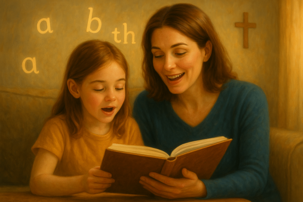 Child reading aloud with a parent; soft phonics letters behind