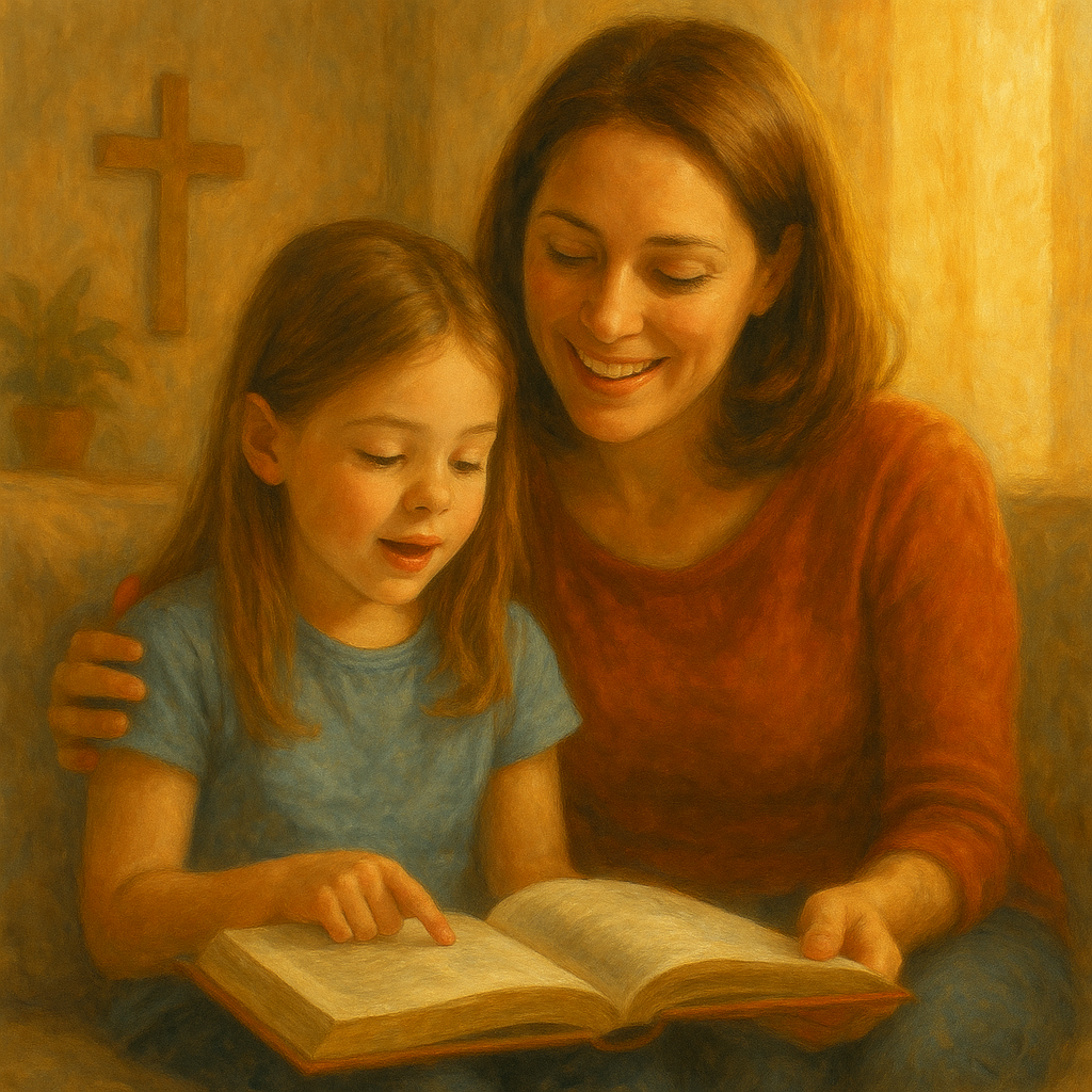 Parent and child reading together; subtle faith motif