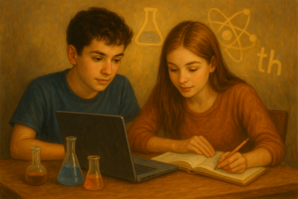 Teens studying with laptop and textbook; science materials nearby