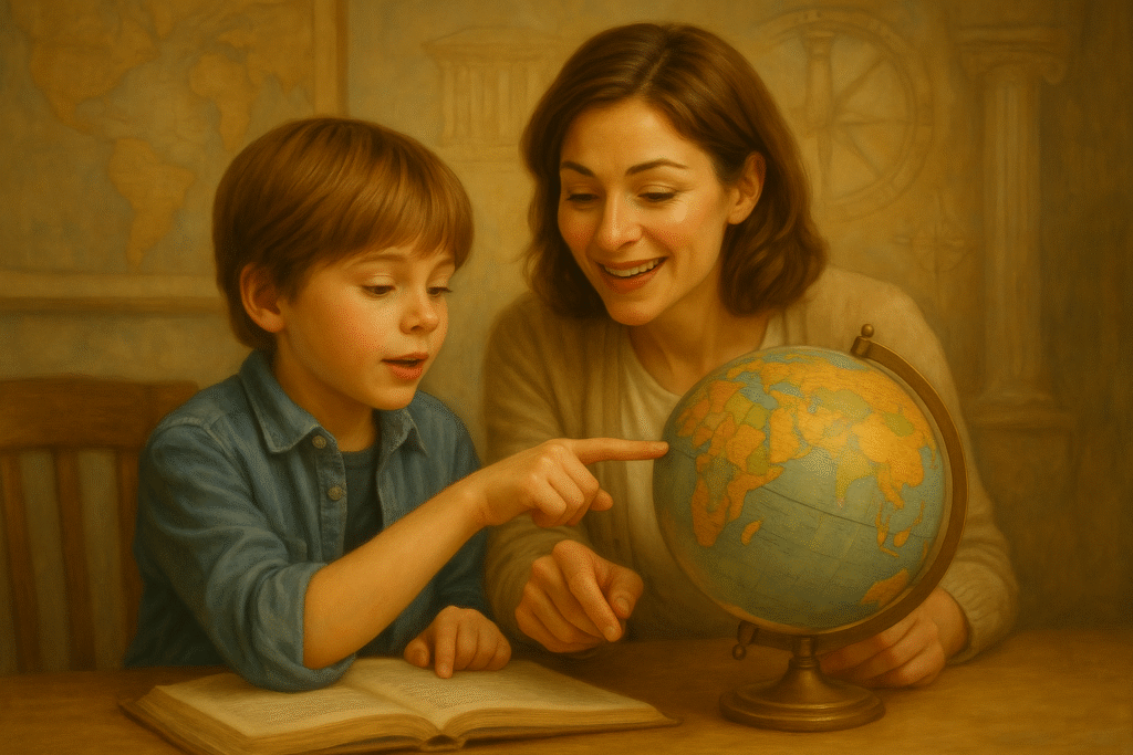 Child pointing at a globe; soft historical motifs in background