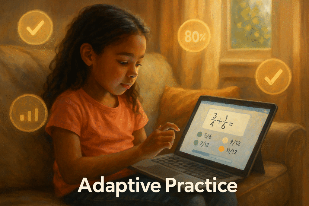 Child using a tablet with progress bubbles and checks