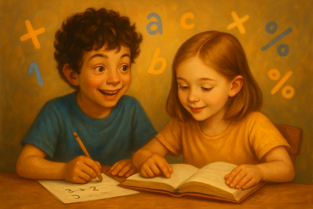Two early-elementary kids working on math/reading at a table