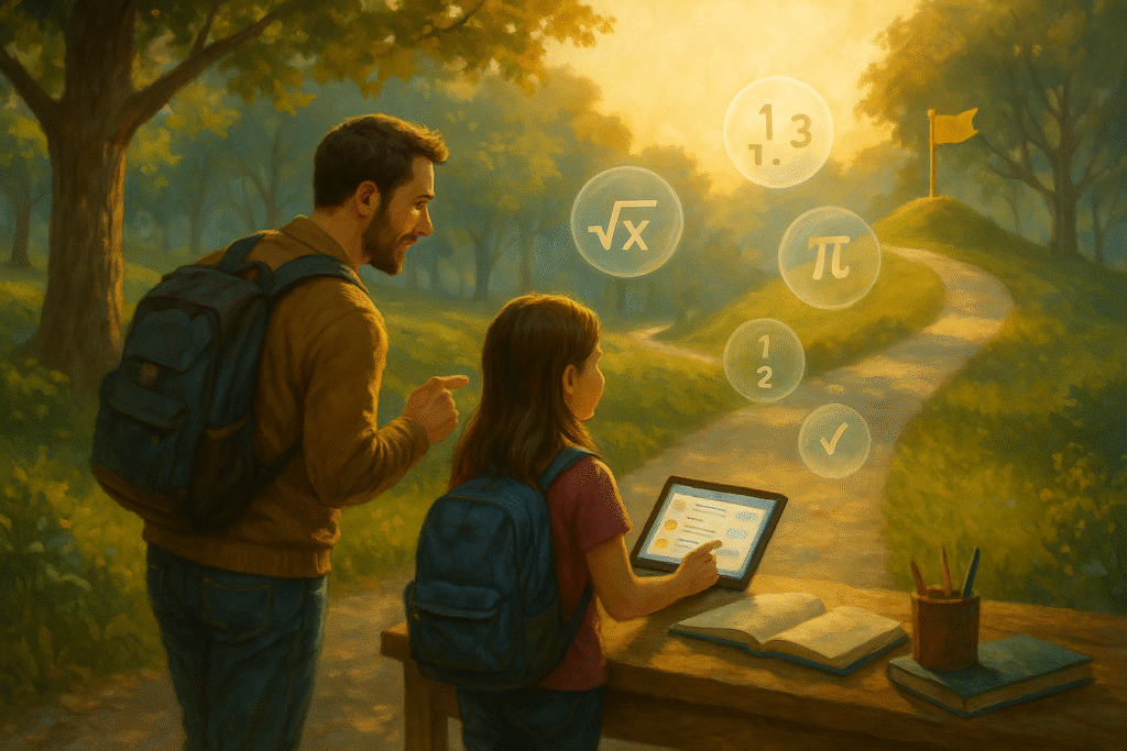 Parent and child on a winding learning path with math icons