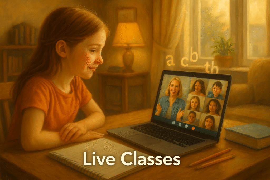 Laptop showing a friendly live class grid with a teacher