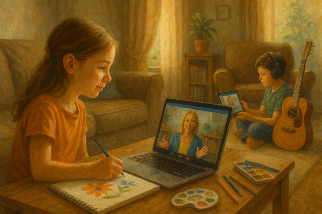 Virtual teacher on screen; kids learning with art/music supplies around