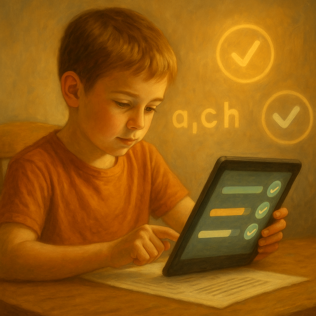 Student using a tablet with glowing checkmarks and progress bars