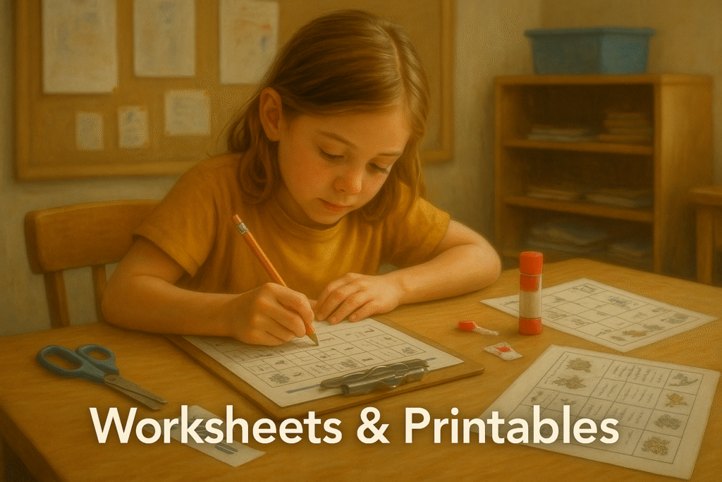 Child working on printed worksheets with scissors and glue