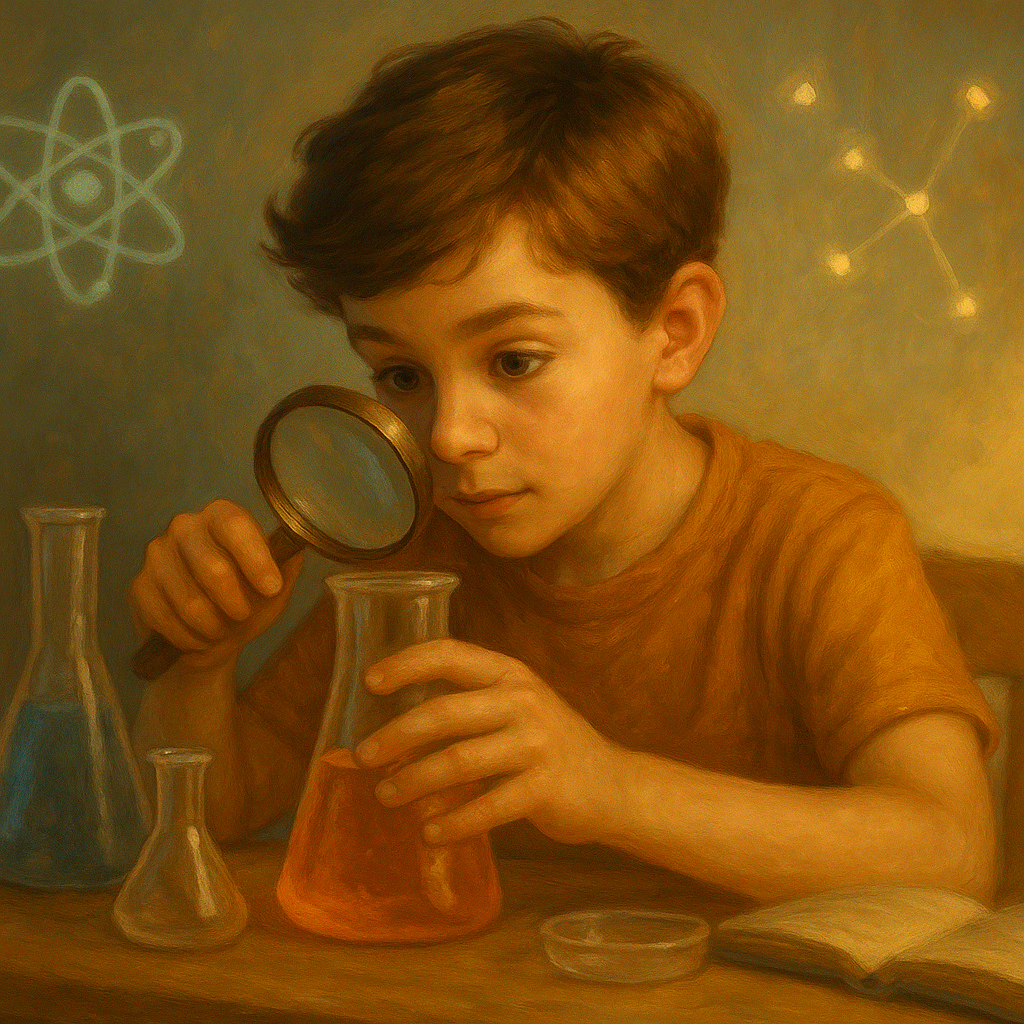 Student observing a beaker; subtle science icons glowing behind