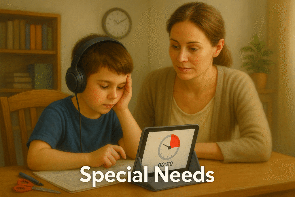 Calm study space; child with headphones and a visual timer